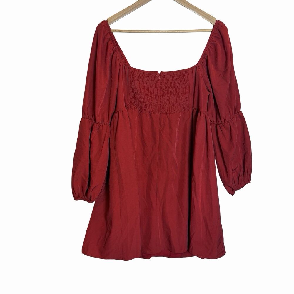 EXLURA Square Neck Dress Long Puff Sleeve A-Line Short Mini Dress Red XL Tunic